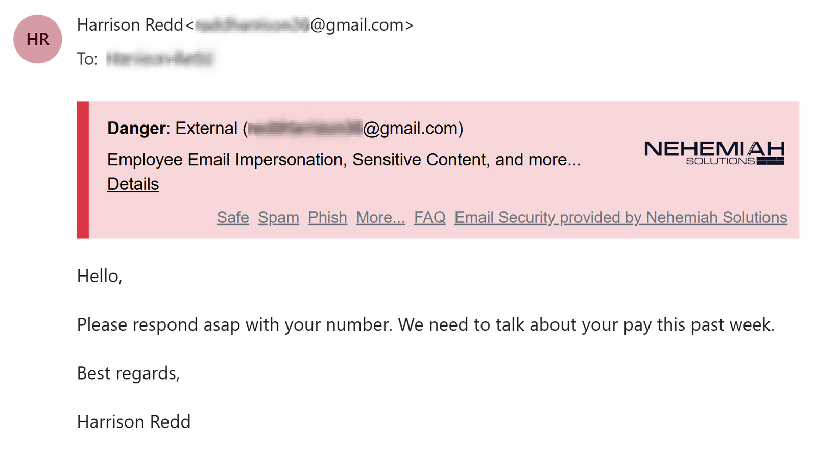 Example of email impersonation detected by Nehemiah's email security